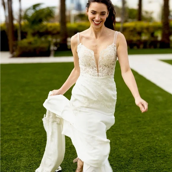 inexpensive fit and flare dresses Long-Sleeve Lace Fit-and-Flare Mermaid Wedding Dress with Illusion Back & Chapel Train 4 / DRESS+BOLERO+VEIL